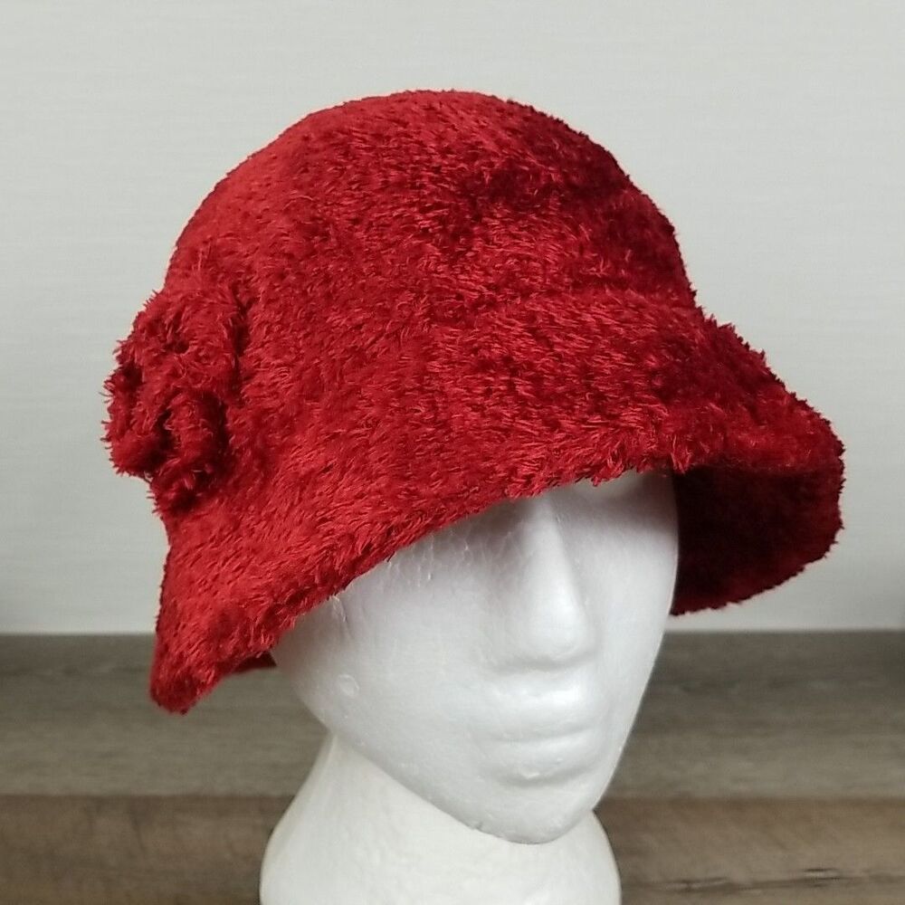 Jaclyn Smith Red Women's Chenille Bucket Hat with Floral Detail OSFM